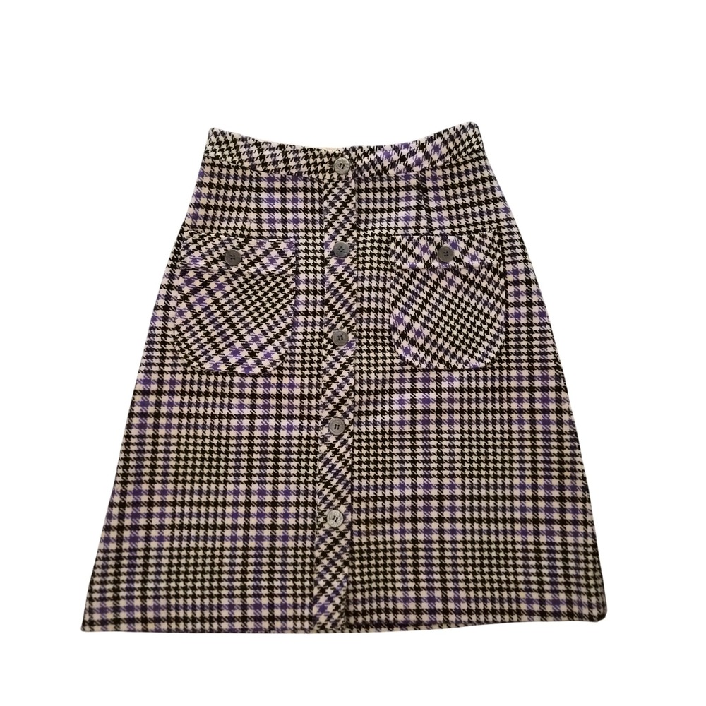 Vintage Purple Houndstooth Button Front A-Line Skirt Plaid Check Mod Mini 10